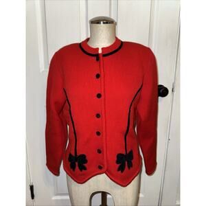 ASTRIFA Vintage Wool Sweater Gestrickte Tracht Germany Bow Red Black Holiday 40